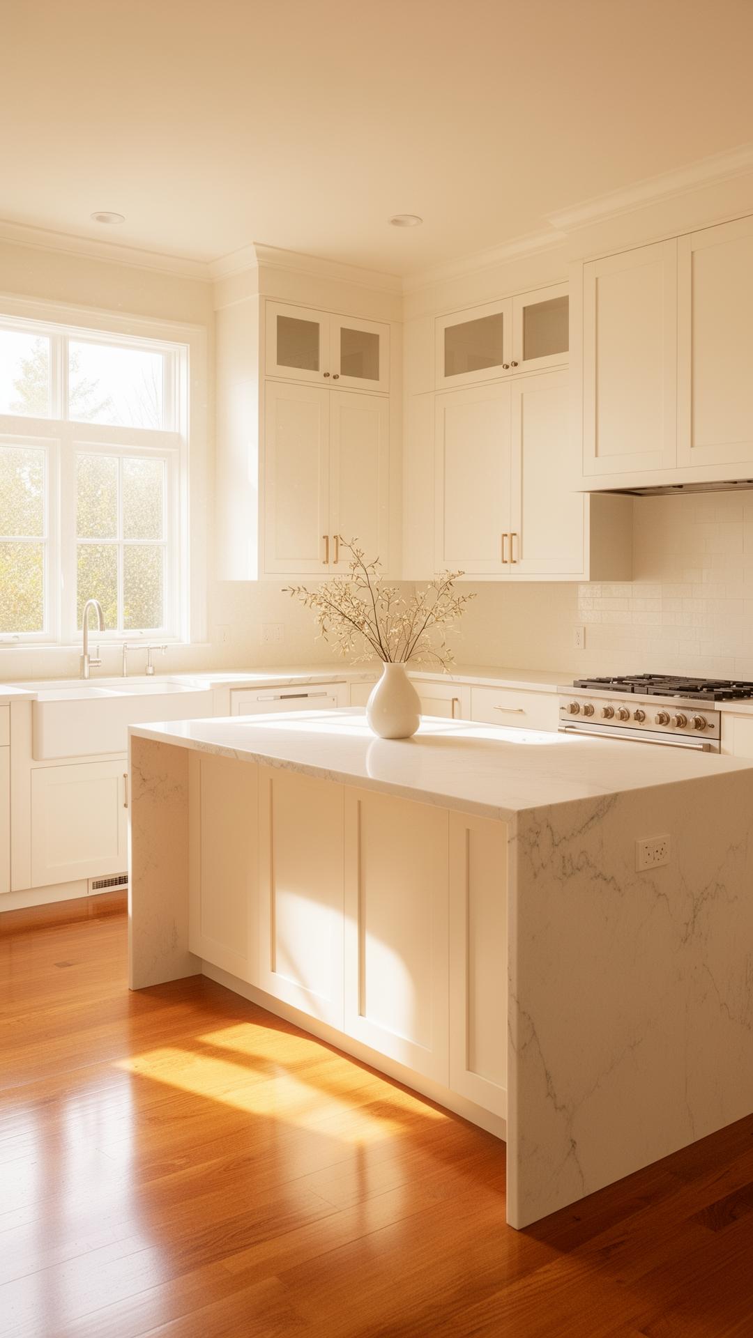 Bright, freshly cleaned modern kitchen with marble island